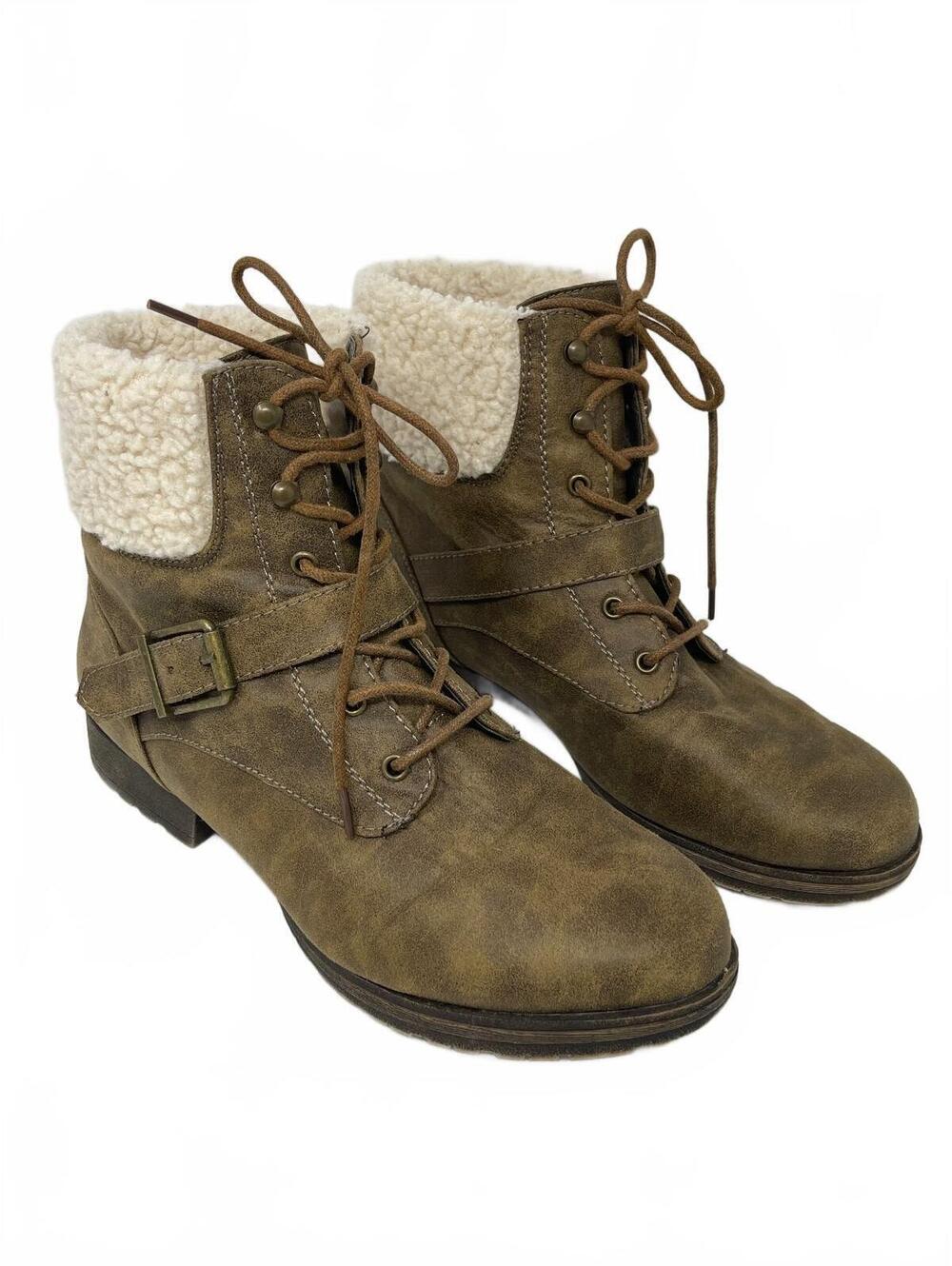 Womens Brown Faux Leather Sherpa Collar Ankle Boots Lace Up Buckle Combat Boots
